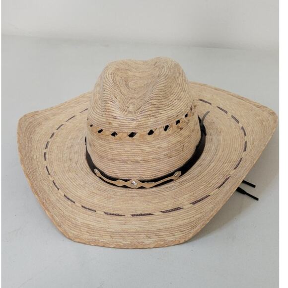 Mexican Palm Leaf Straw Hat Wide Brim Light Tan Black Accent Cowboy Cowgirl Hat - Picture 1 of 9